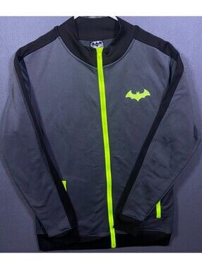 Batman DC Comics Mens M Full Zip Gray Pullover Bat Signal Neon Green Yellow EUC!